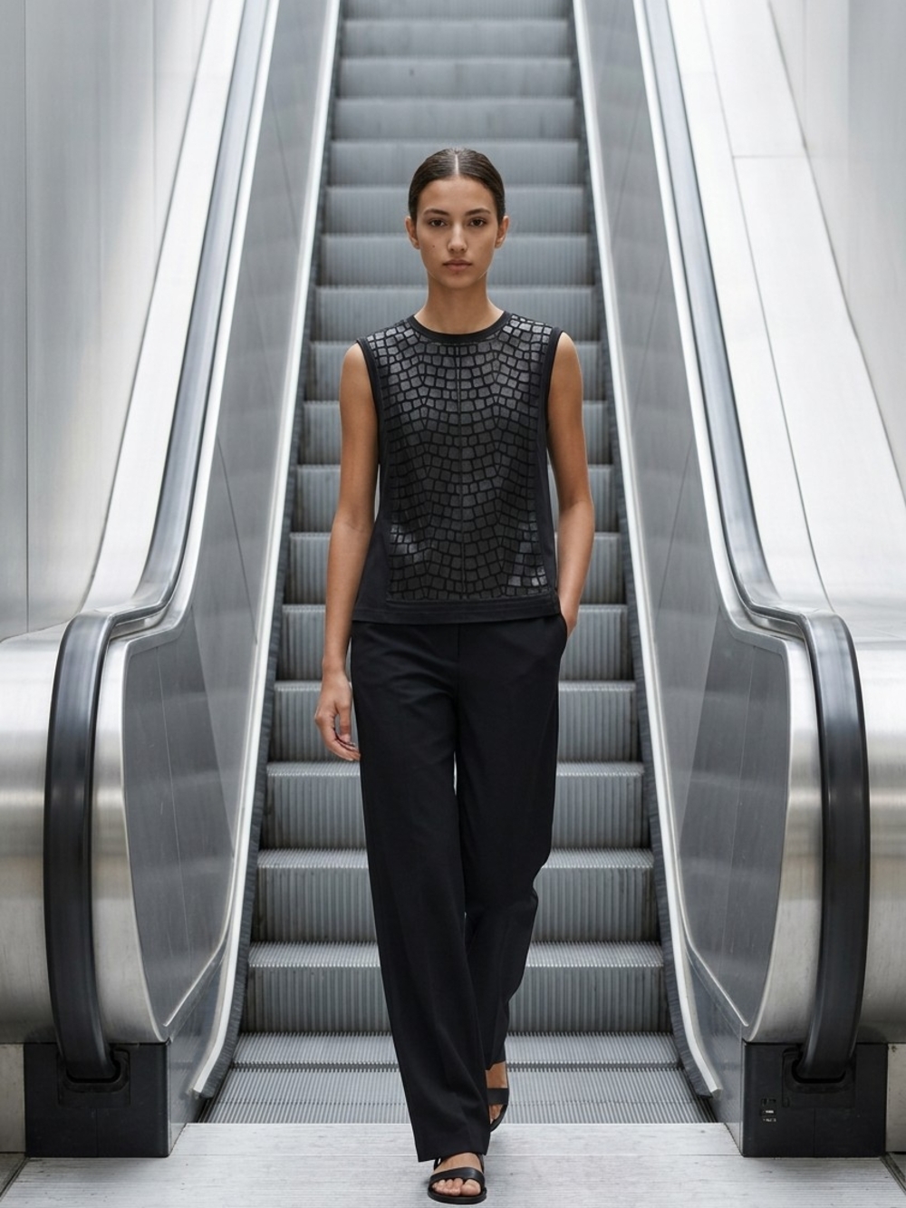 Helmut Lang Black Textured Leather-Front Tank $495 Retail - Picture 3 of 5